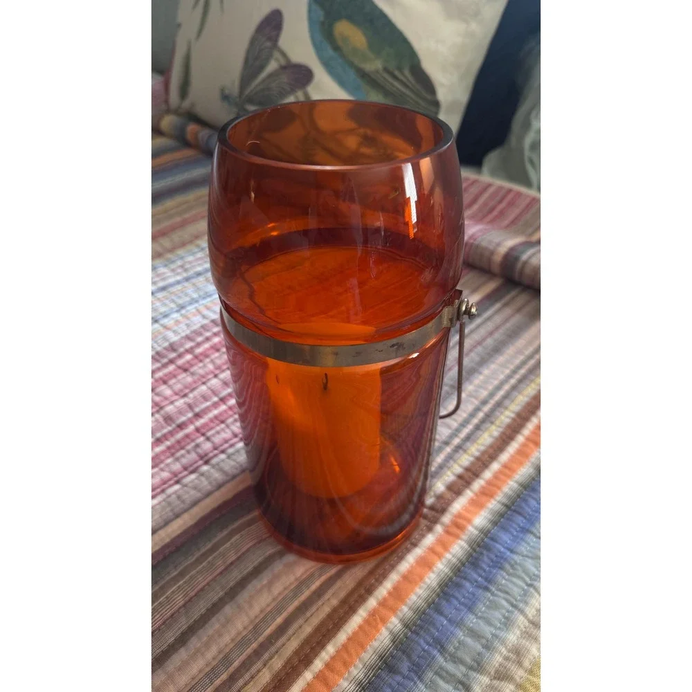 Vtg Orange Painted Glass Lantern Hurricane Candle Holder Metal Handle Gold Toned